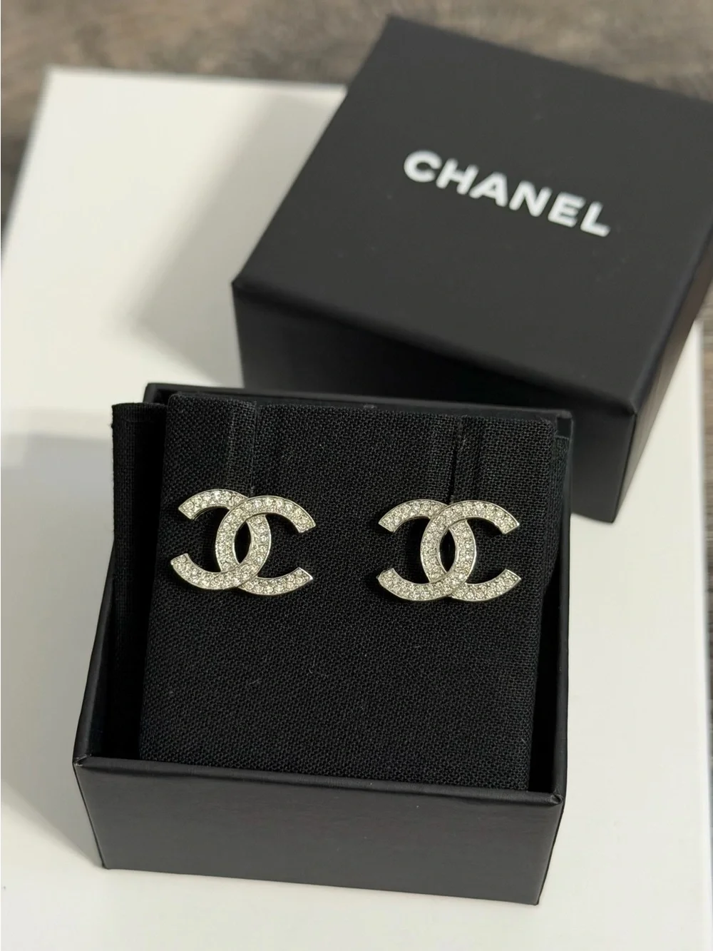 Chanel‎ CC Classic Silver Crystal Stud Earrings